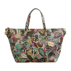 SALVATORE FERRAGAMO Leather Printed Gancini Feather Handle Logo Medium Tote‎ Bag